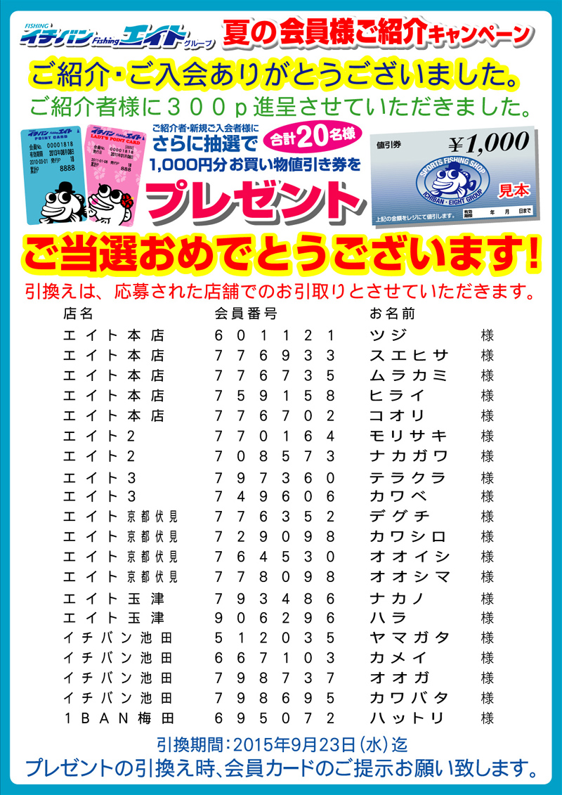 2015年 夏のDM掲載「夏の会員様ご紹介キャンペーン」の当選発表