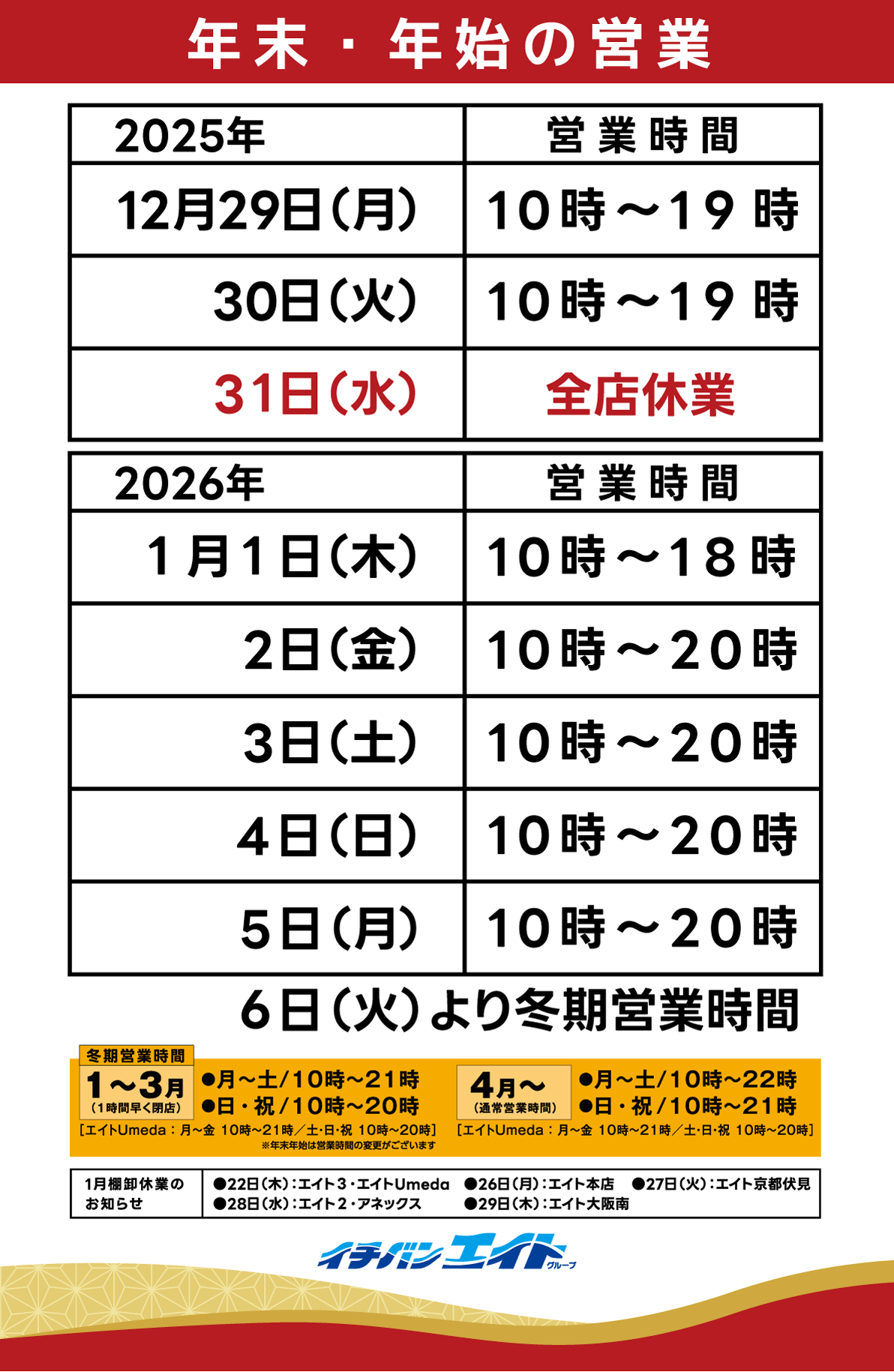 大阪・京都の釣具販売店、イチバン・エイトグループの年末年始の営業についてのご案内です。