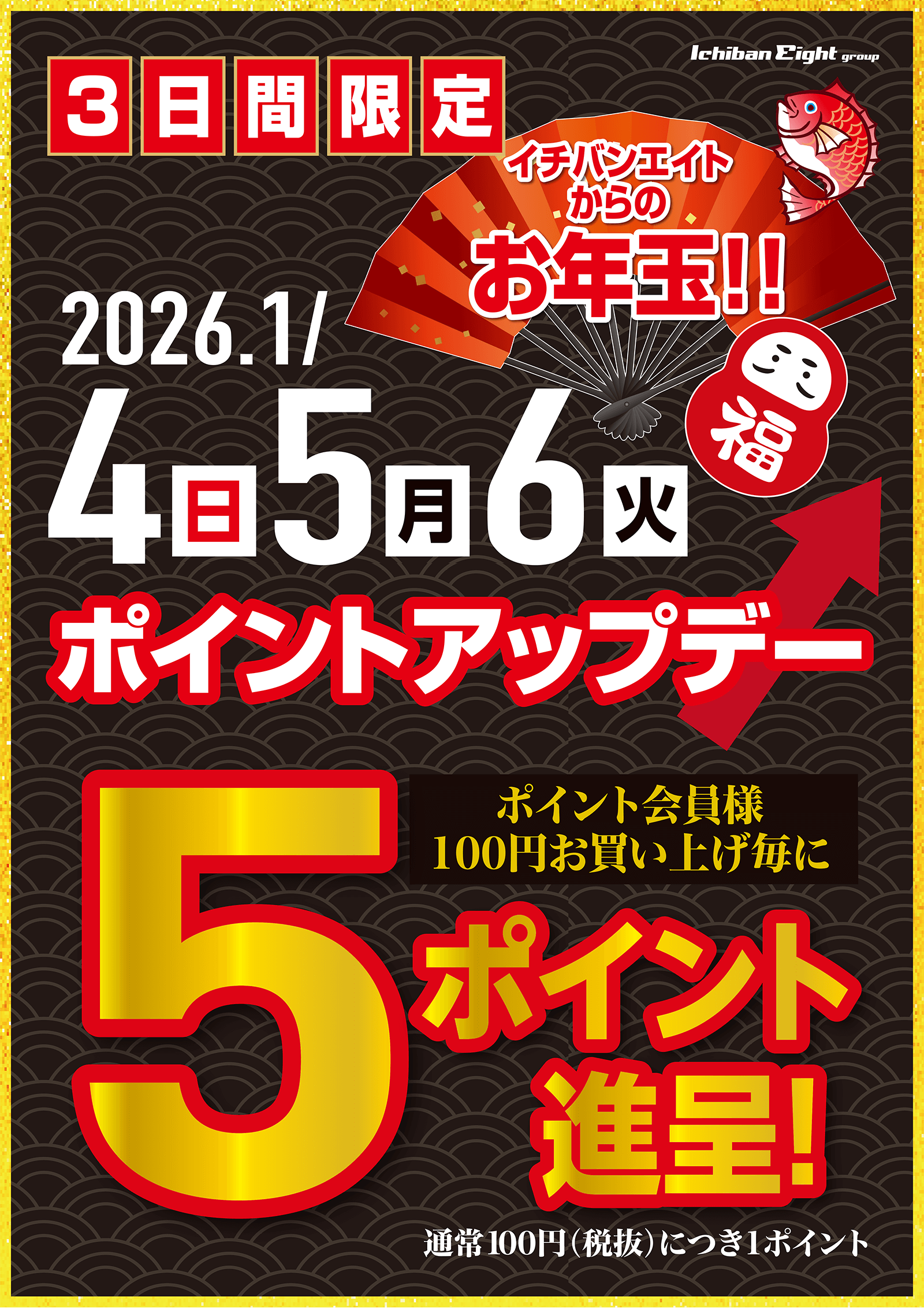イチバンエイトからのお年玉！ポイントアップデー。100円（税抜）お買い上げ毎に通常1ポイント進呈のところ、5ポイント進呈いたします。