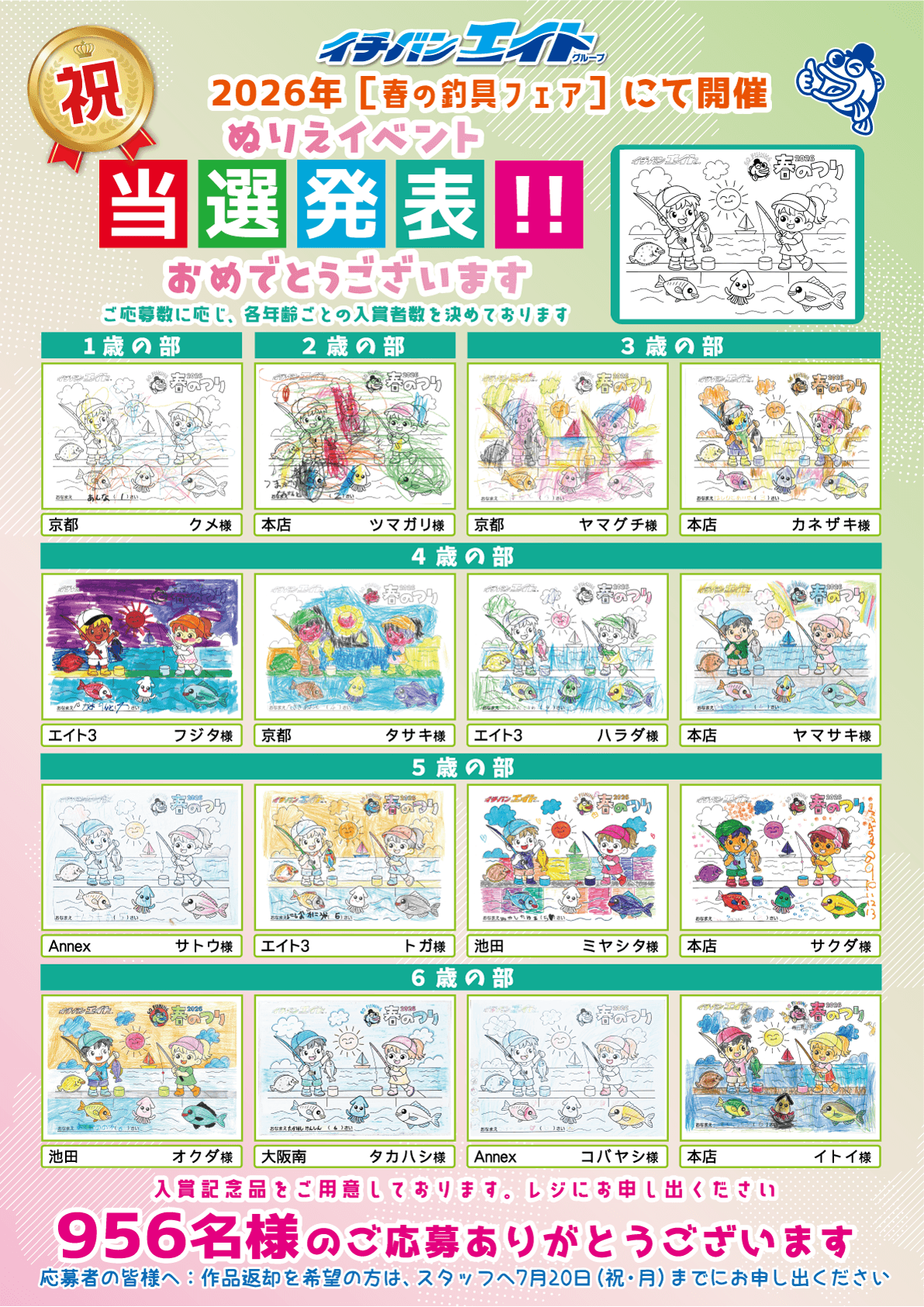 2026 春の釣りフェア ぬりえイベント入賞発表 1~6歳の部